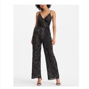 EXPRESS Sequin V-Neck Tie Waist Wide Leg Jumpsuit size Small NWT